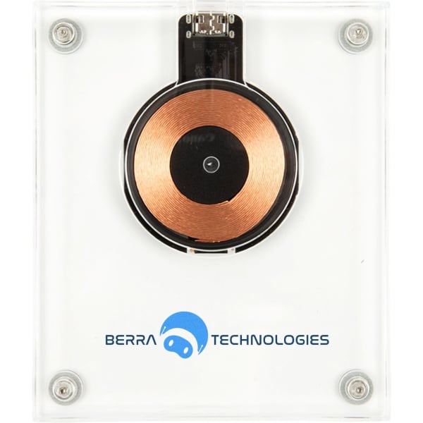 A crystal wireless charger with a circular copper charging pad and a transparent casing, featuring a logo.