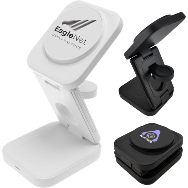 A 3-in-1 wireless charger in black and white with a tilting design and a logo on the surface.