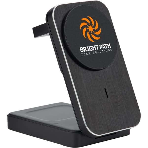 A wireless charger with a sleek black design and a branding logo on the surface, featuring a stand for device support.