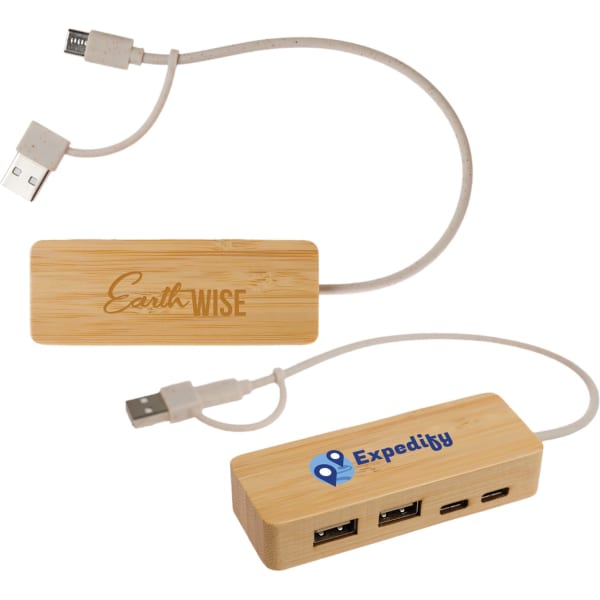 A bamboo USB hub with three ports and a connecting cable, featuring two logos.