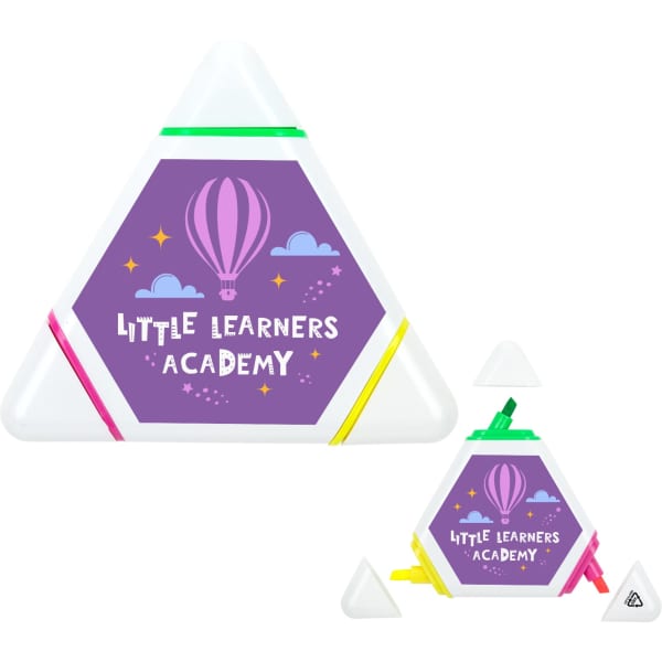 A triangular highlighter featuring pink, yellow, and green tips, with a white casing and a logo on the front.