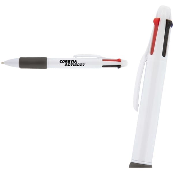 A white pen featuring four colours (black, red, blue, and green) and a logo on its body.