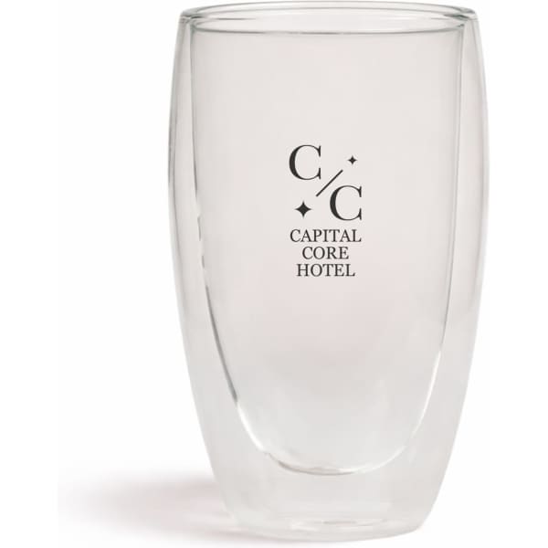 A drink bottle featuring a clear double wall design with a logo for a hotel.