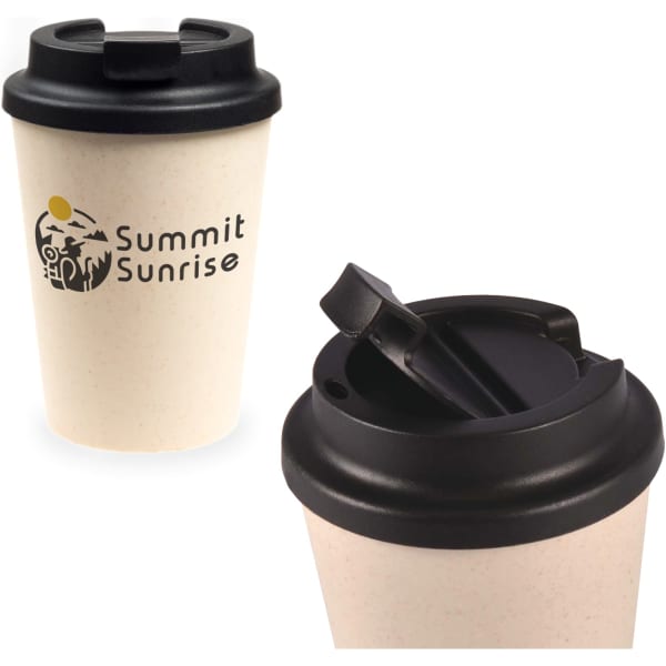 A reusable coffee cup in a natural colour with a black comfort lid and a logo.
