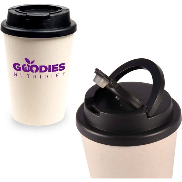 A reusable coffee cup in cream with a black handle lid and a logo.