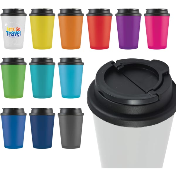 Reusable coffee cups in various vibrant colours, featuring black lids. Includes a design with a logo.
