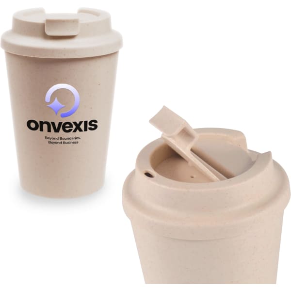A reusable coffee cup in a light beige colour with an eco-friendly lid and a logo.