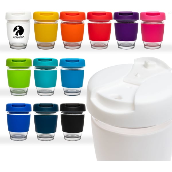 A reusable coffee cup with a flip lid, available in various vibrant colours and featuring a logo.