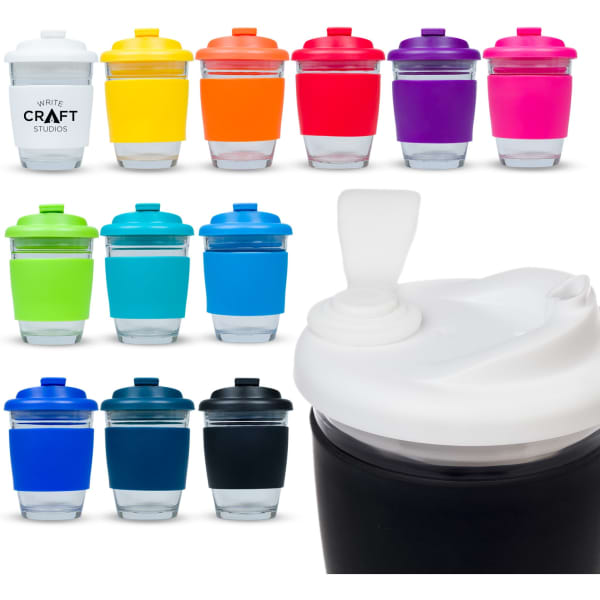 A collection of reusable coffee cups in various colours, featuring snap lids and clear bases, with some displaying logos.