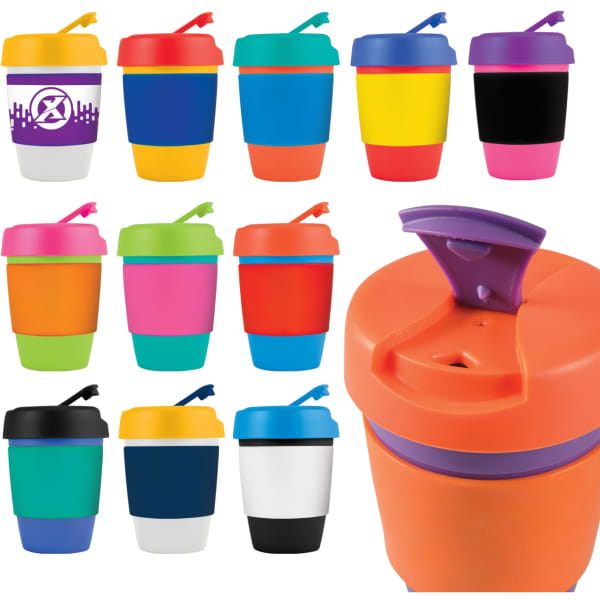 A selection of reusable coffee cups in various colours with silicone bands and lids, featuring a logo on some cups.