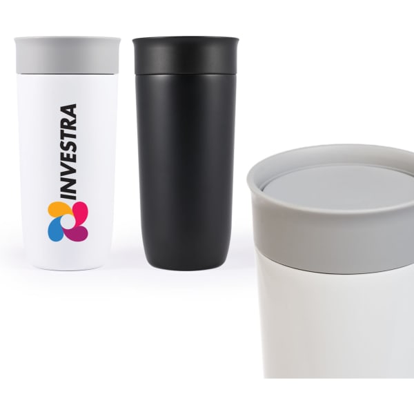 A reusable coffee cup in white and black, featuring a grey lid and a logo. Ideal for enjoying beverages on the go.