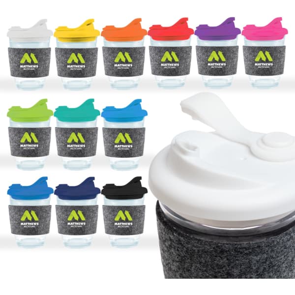 A reusable coffee cup featuring a snap lid and RPET band, available in various colours with a logo.