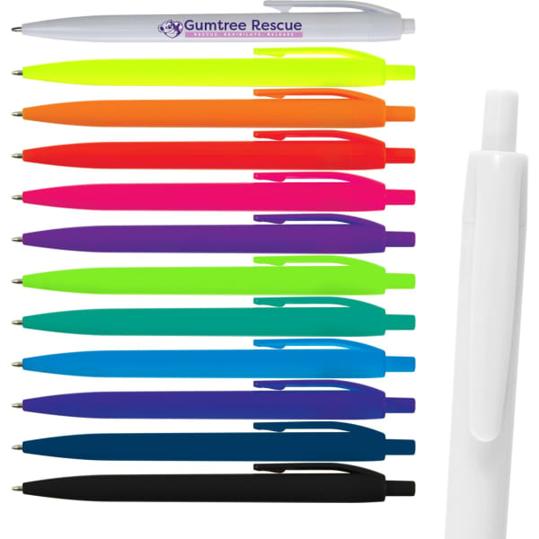 A collection of Javelin Pens in various bright colours including pink, orange, green, blue, and purple, with a logo on one pen.