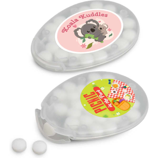 Egg-shaped container filled with white sugar-free breath mints, featuring a playful design and branding.