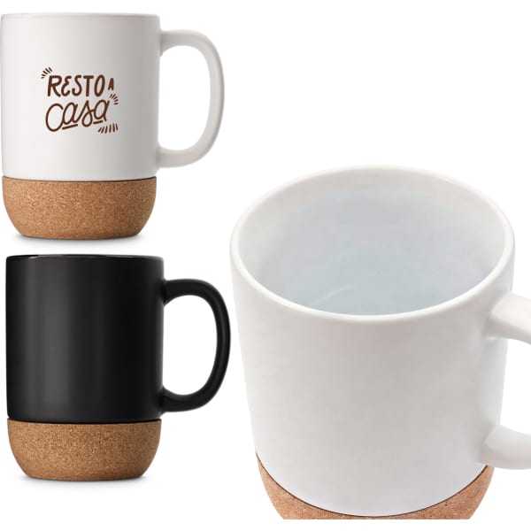 A ceramic mug with a cork base, available in white and black, featuring a simple design and a handle.