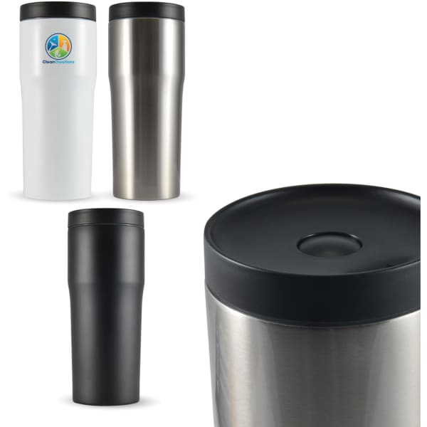 A drink bottle set featuring three thermoses in white, stainless steel, and black with black lids. Each has a logo.
