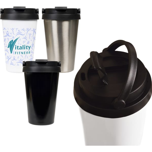 A drink bottle featuring a black lid, available in white, black, and metallic finish with a handle and logo.