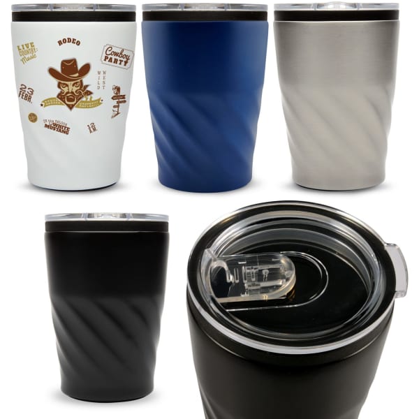 A collection of reusable coffee cups in white, blue, silver, and black with a twist design and lid.