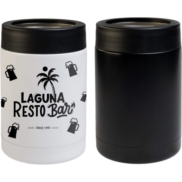 A drink bottle cooler in white with a logo and a black cooler, both featuring a stainless steel finish.