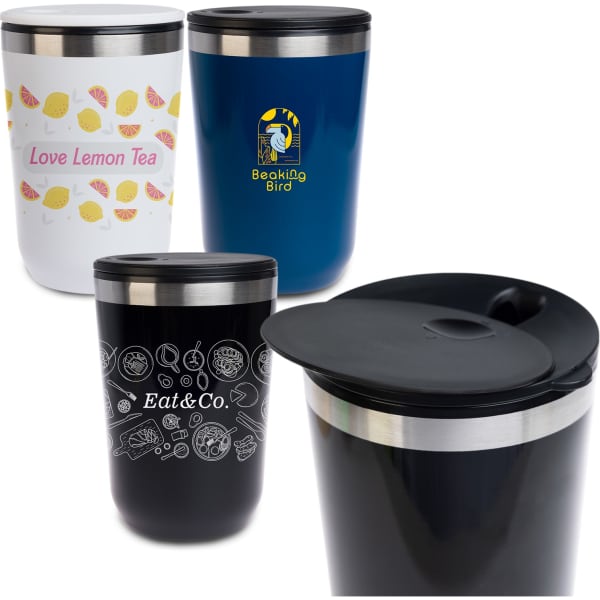 A reusable coffee cup assortment in white, navy blue, and black, featuring various designs and a stainless steel lid.
