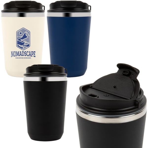 A double wall coffee cup in ivory, navy, and black with a lid and a logo on some cups.