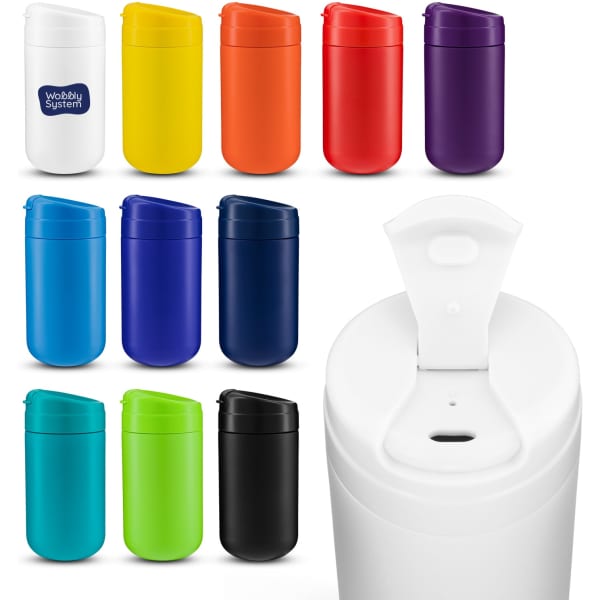 A collection of coffee cups in various colours including white, yellow, orange, red, purple, blue, green, and black, featuring a logo.