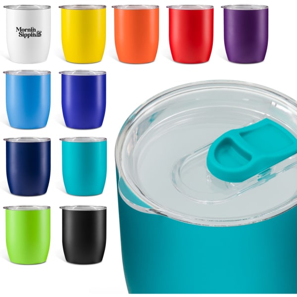 A collection of multi-coloured coffee cups, featuring vibrant hues and a clear lid with a sipping opening.