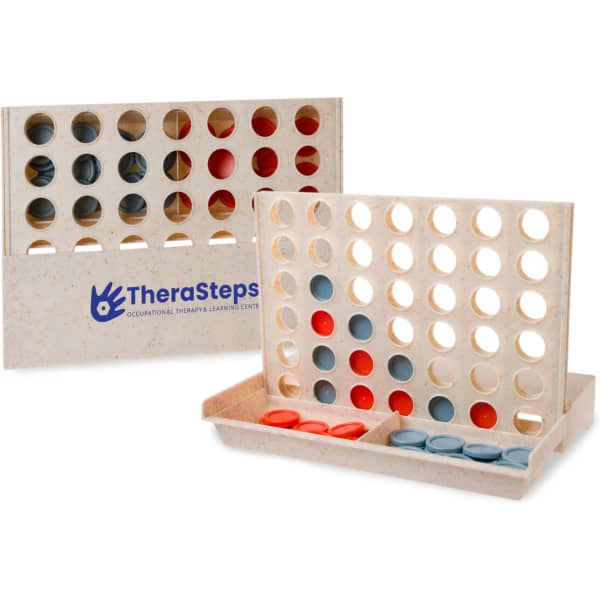 A two-sided Connect Four-style game featuring red, grey, and blue playing pieces, with a logo on the base.