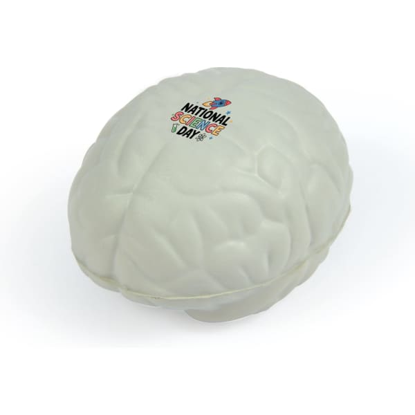 A white brain-shaped stress reliever with a logo on top, suitable for fun and games.