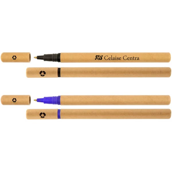A collection of cardboard pens in black, blue, and a vivid hue, each with a cap and a logo.