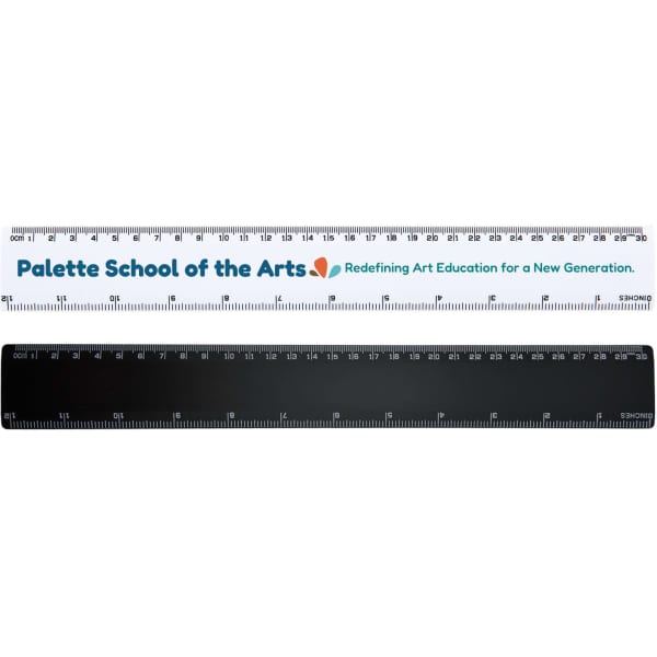 A 30cm ruler in black and white, featuring a logo and measurement markings along the edges.