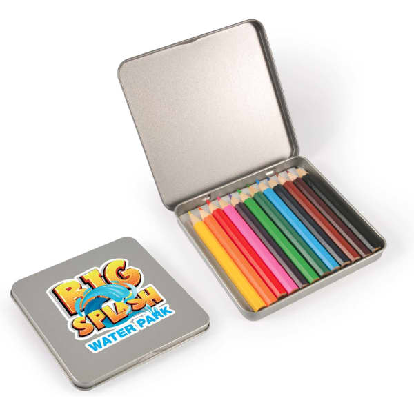 A tin containing 12 coloured pencils in various colours with a logo on the lid.