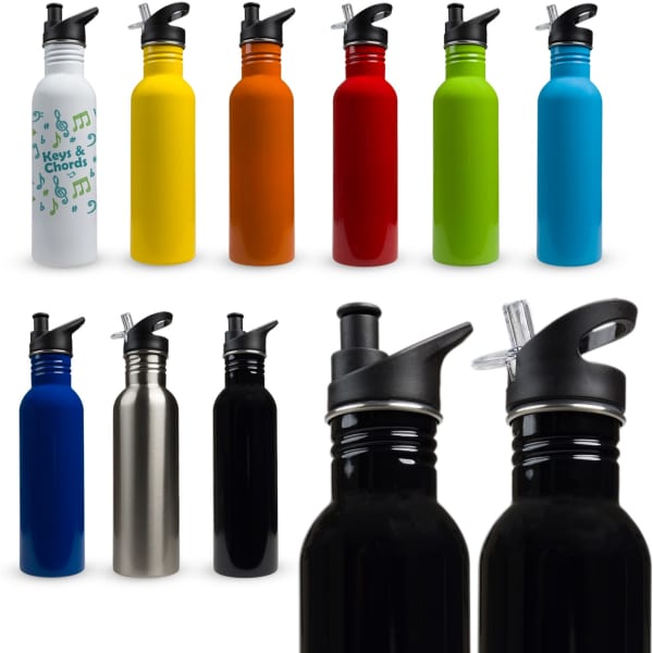 A drink bottle collection featuring various colours, including white, yellow, orange, green, black, and stainless steel, with different designs and caps.