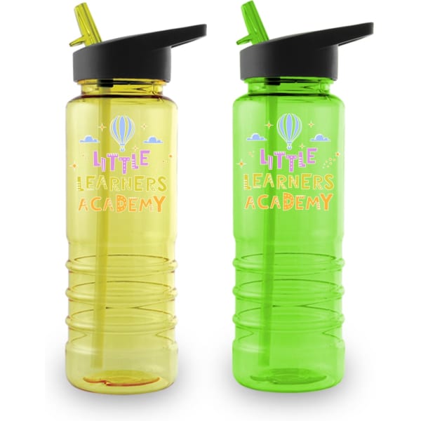 A drink bottle set featuring a yellow bottle and a green bottle, each with a straw and a logo.