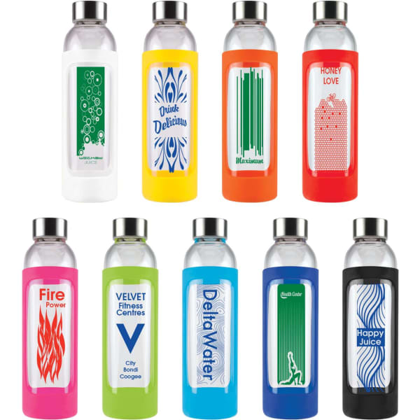 A drink bottle collection featuring various colours and designs with silicone sleeves and stainless steel caps. Each has a logo.