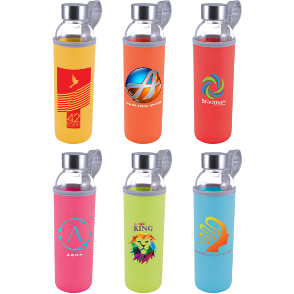 A drink bottle with a glass body and colourful neoprene sleeves in yellow, orange, red, pink, and blue, featuring various logos.
