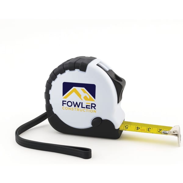 A tape measure in black and white with a yellow measuring tape and a branded logo on the side.