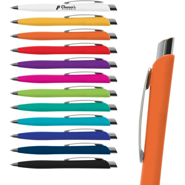 A collection of Stingray Pens in various colours, including orange, purple, green, and black, with a silver clip.