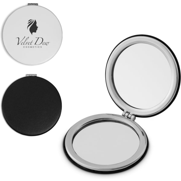 A compact mirror with a silver exterior and black interior, featuring a circular design and a branding logo.