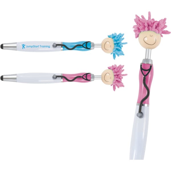 Medical Mop Top Pens in pink and blue, featuring a playful character head and a stylus tip, with a logo on one.