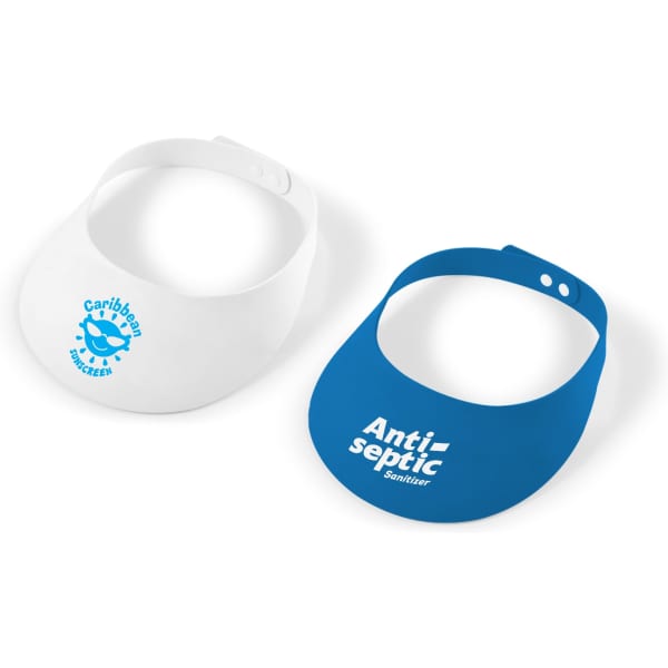A white and a blue foam visor, one featuring a logo, displayed side by side.