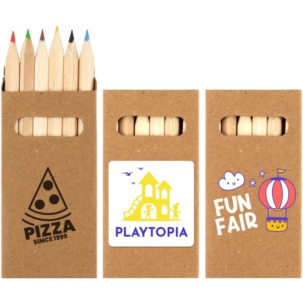 A pencil set with coloured pencils in various shades, housed in a cardboard box featuring a logo and two designs.