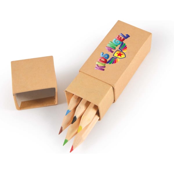A pencil set in a cardboard box, featuring five coloured pencils in red, blue, green, yellow, and orange. The box has a logo.