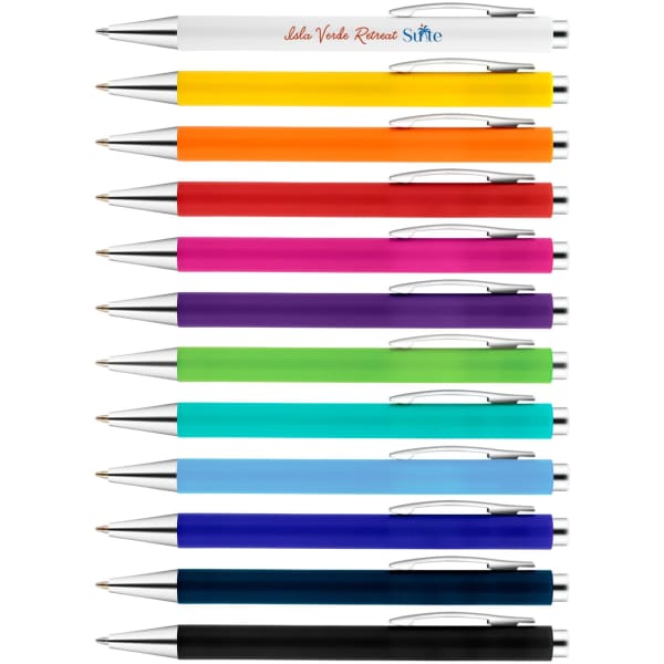 A collection of colourful plastic pens, including shades of yellow, orange, pink, purple, green, blue, and black, with metal accents.