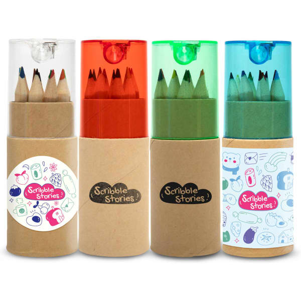 Four tubes of coloured pencils in red, green, and blue, with a patterned label on two tubes. Each tube is transparent at the top.