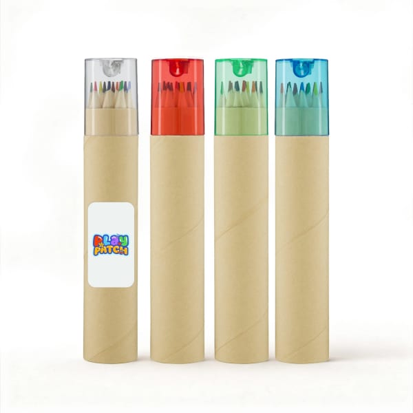 A tube containing four long pencils with red, green, blue, and clear caps, presented in a kraft paper tube.