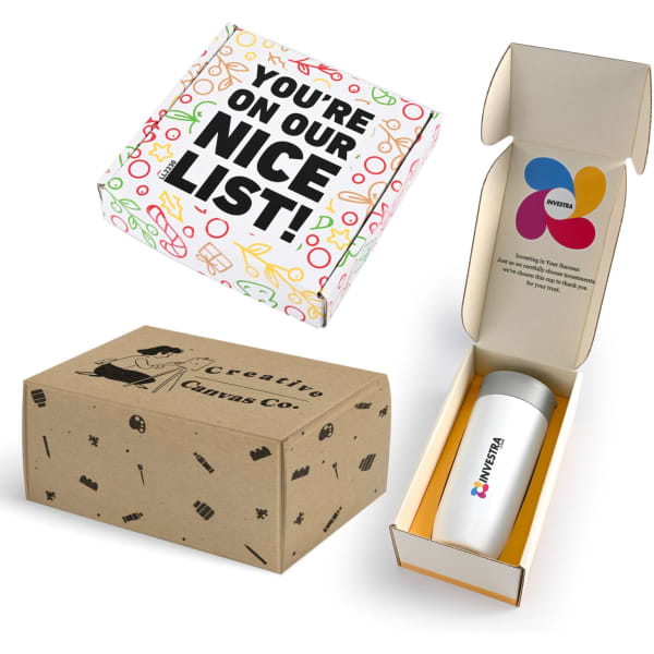 A colourful custom box featuring festive designs and a simple cream box containing a white drink bottle with a logo.