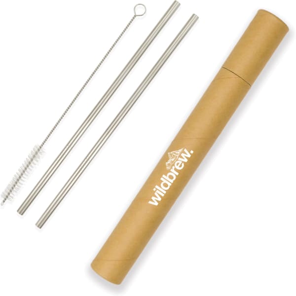 A set of stainless steel drinking straws in a cylindrical paper case, with a cleaning brush included.
