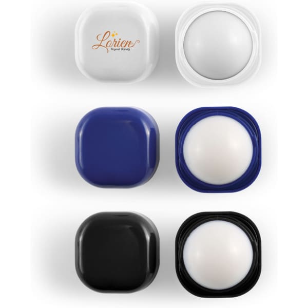 A set of cube lip balms in white, blue, and black containers, each with a smooth, round lip balm top.