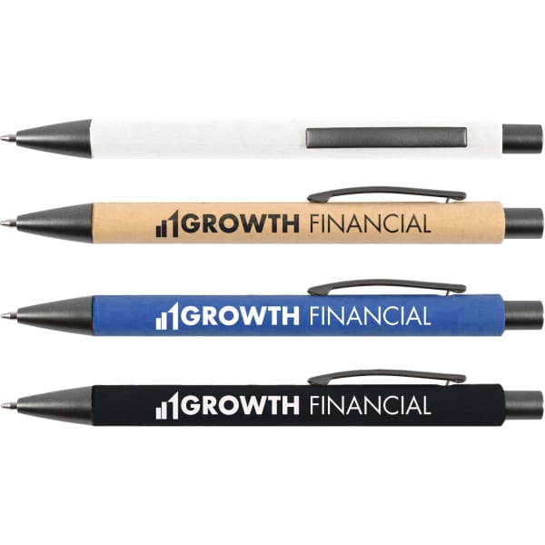 A set of four Aspen Paper Pens in white, kraft, blue, and black, each with a logo.